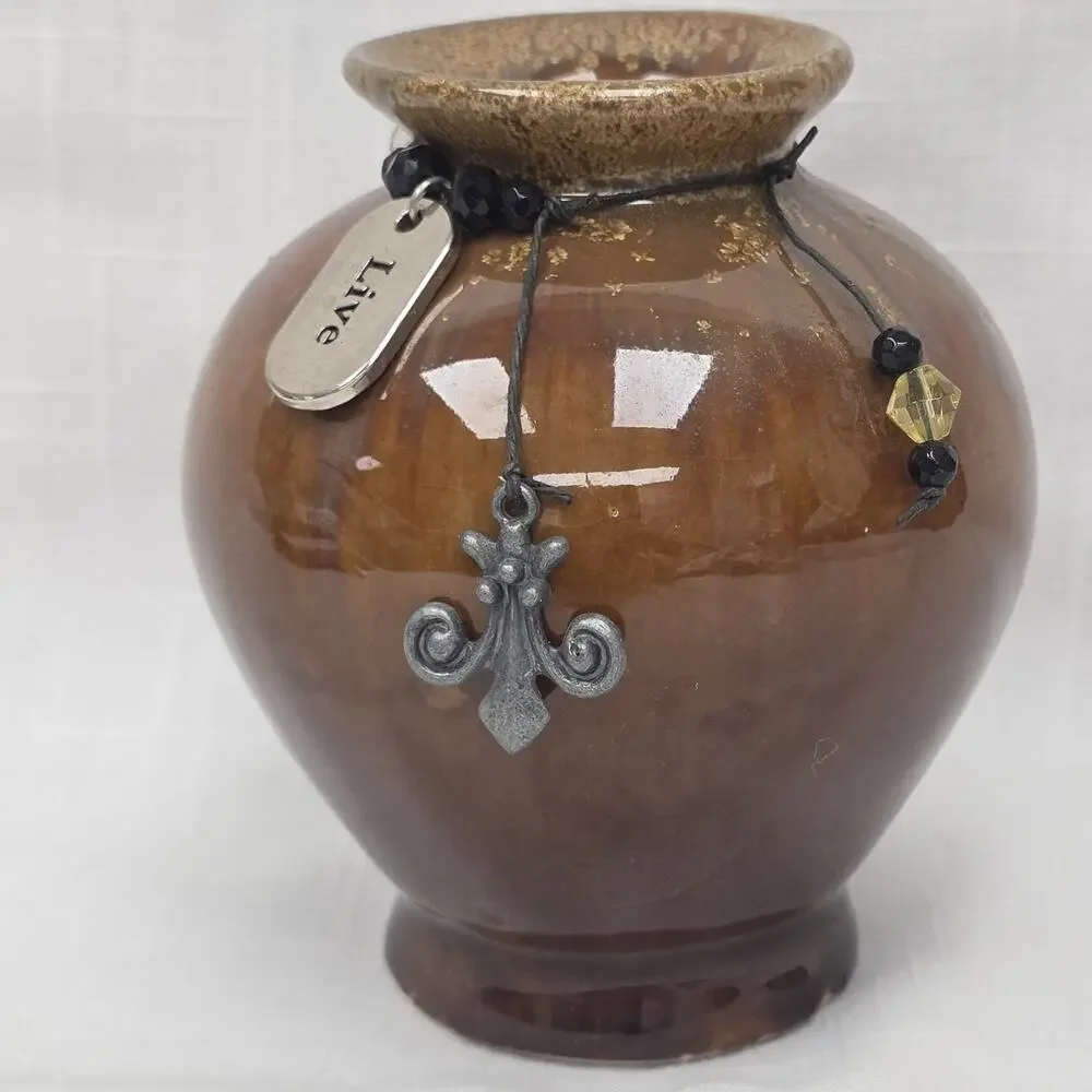 Decorative Brown Glazed Ceramic Vase Fleur-de-Lis Charm 
